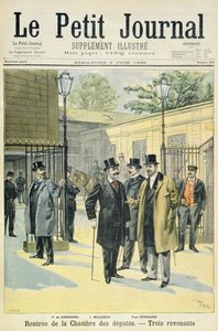 Titelseite, die die Wiedereröffnung des Abgeordnetenhauses mit Paul Granier de Cassagnac, Lucien Millevoye und Paul Deroulede darstellt, Illustration aus der illustrierten Beilage von Le Petit Journal